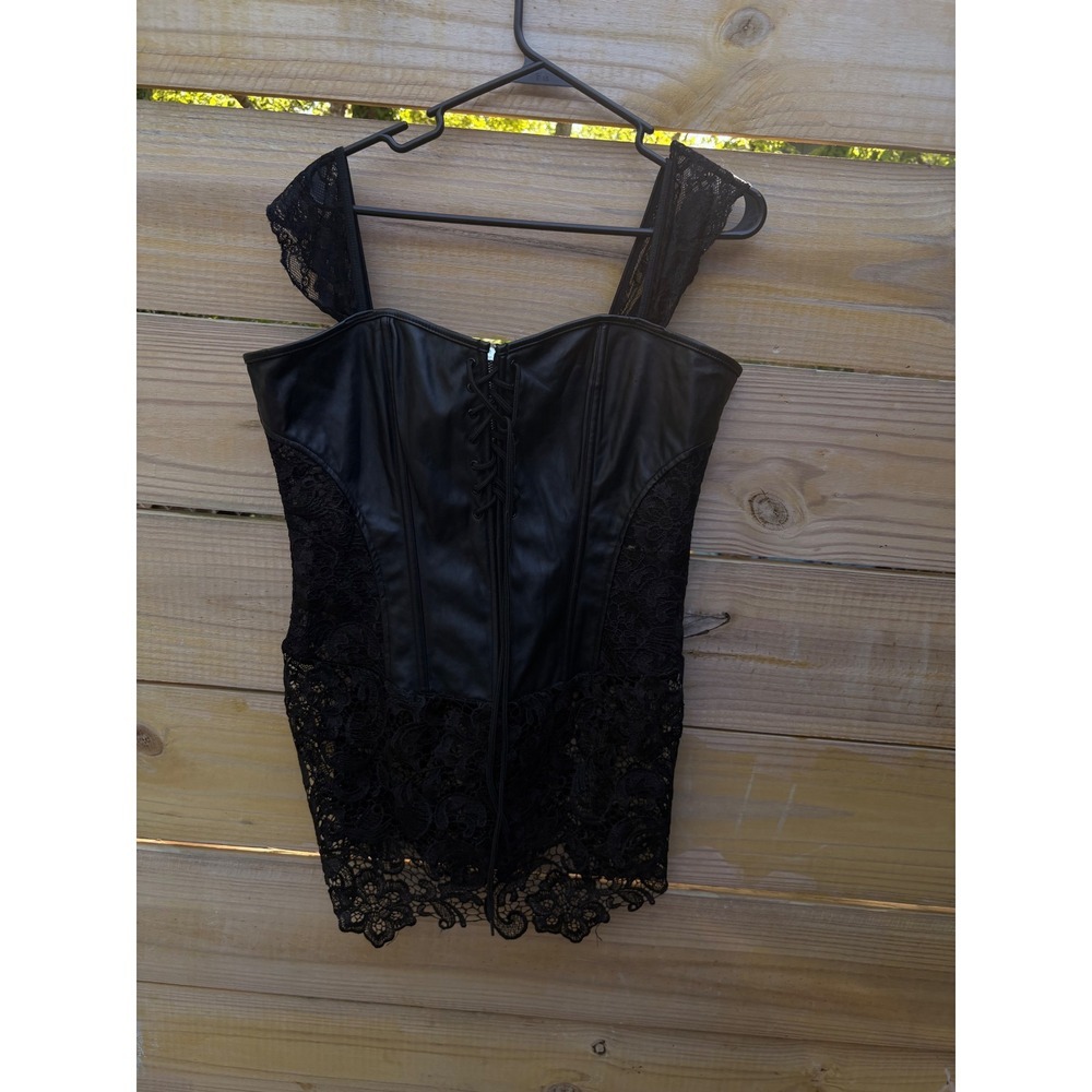 Black Faux Leather Lace Corset Top Gothic Steampunk 3XL Zip Back Lace-Up Front - Picture 2 of 9